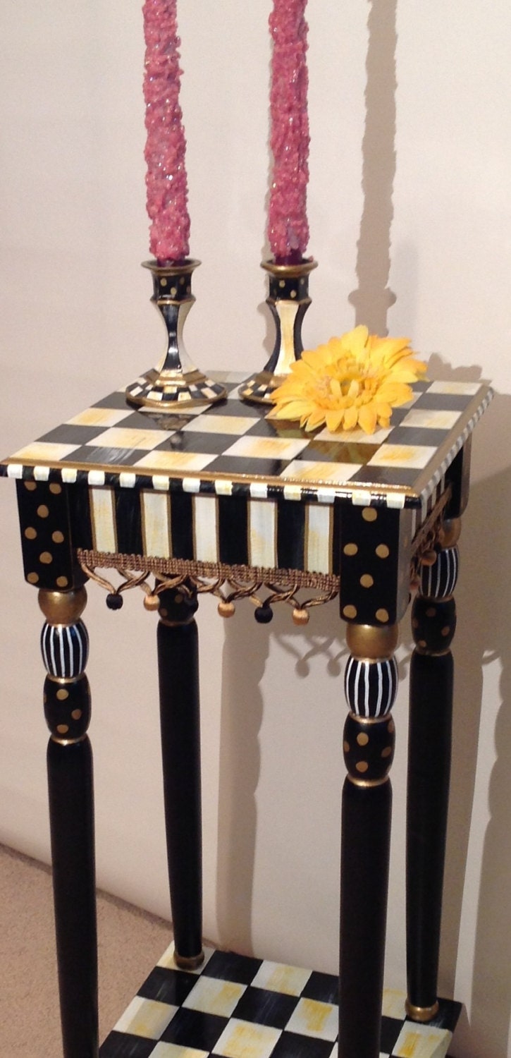Hand Painted Black and White Accent Side Table - Square 12x12 - Plant Stand