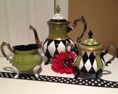 Silver tea set - custom painted - 3 pieces - harlequin