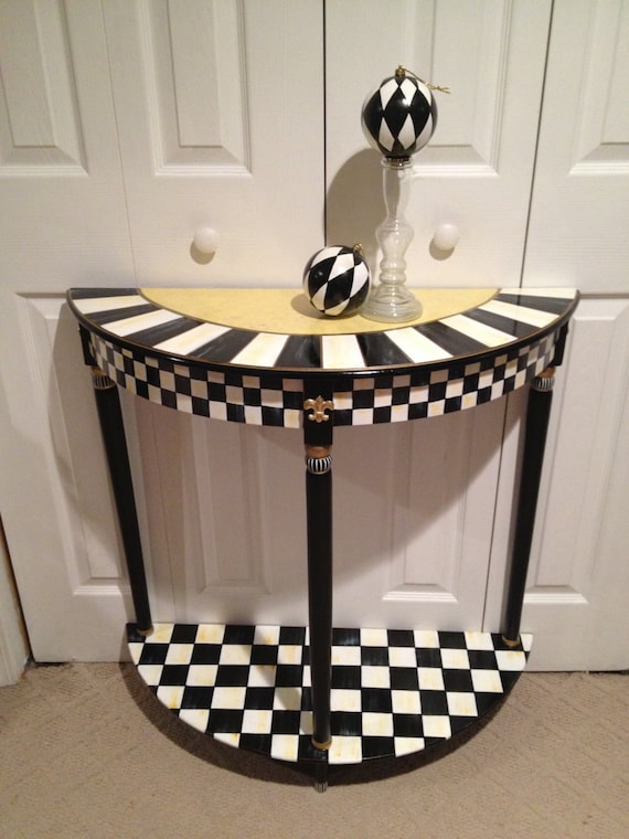 Hand Painted Black and White Checked Half Round Table - Green Gold - Buttercream Gold