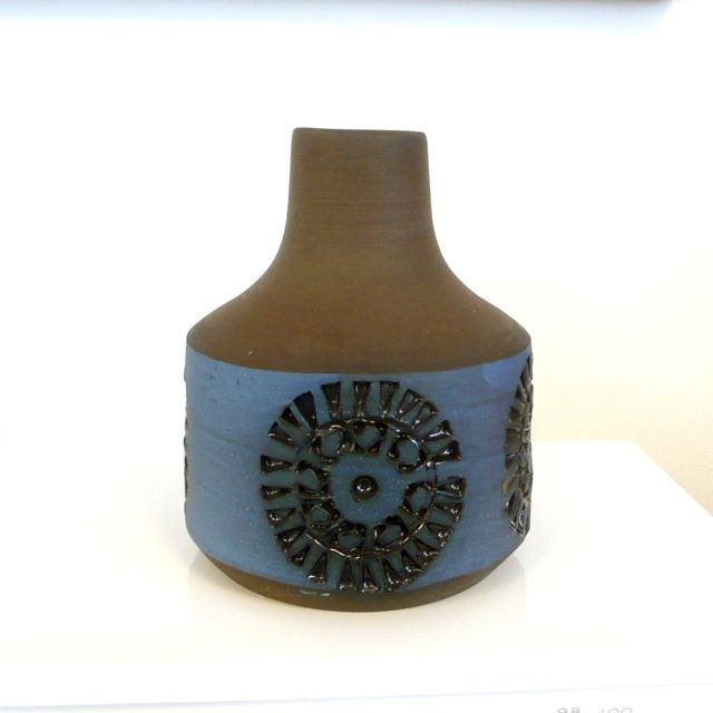 Small Ceramic Vase Blue and Brown with Embossed Pattern