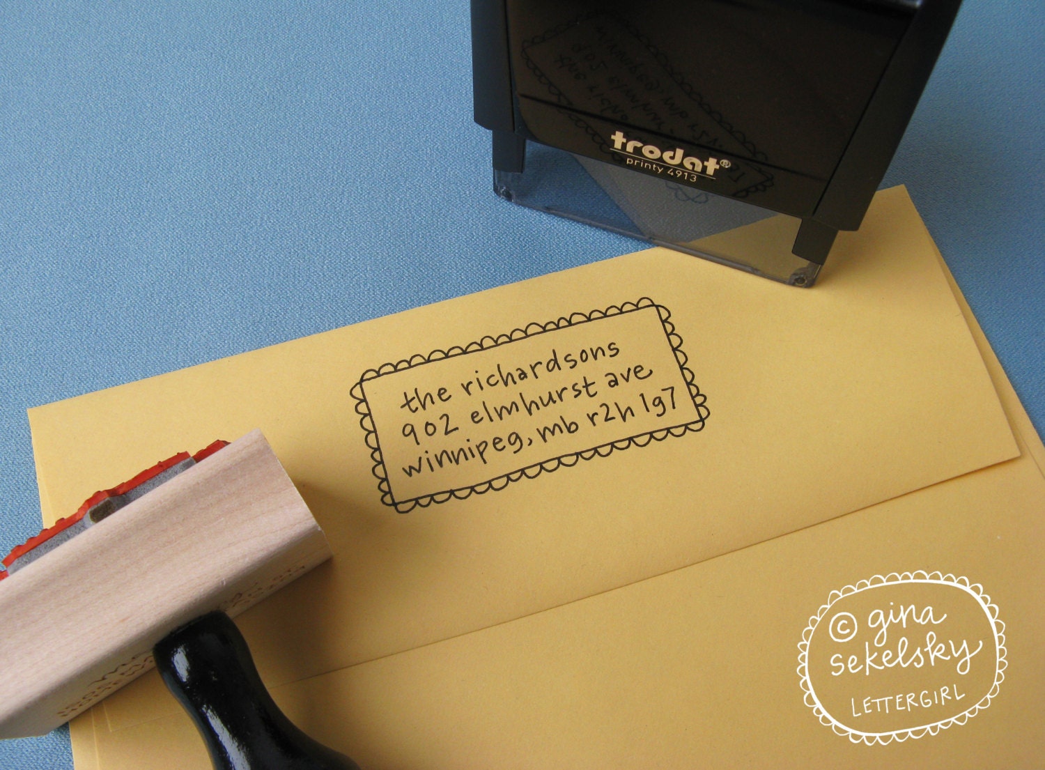 Violet Handwritten Address Stamp: your choice of self-inking or red rubber