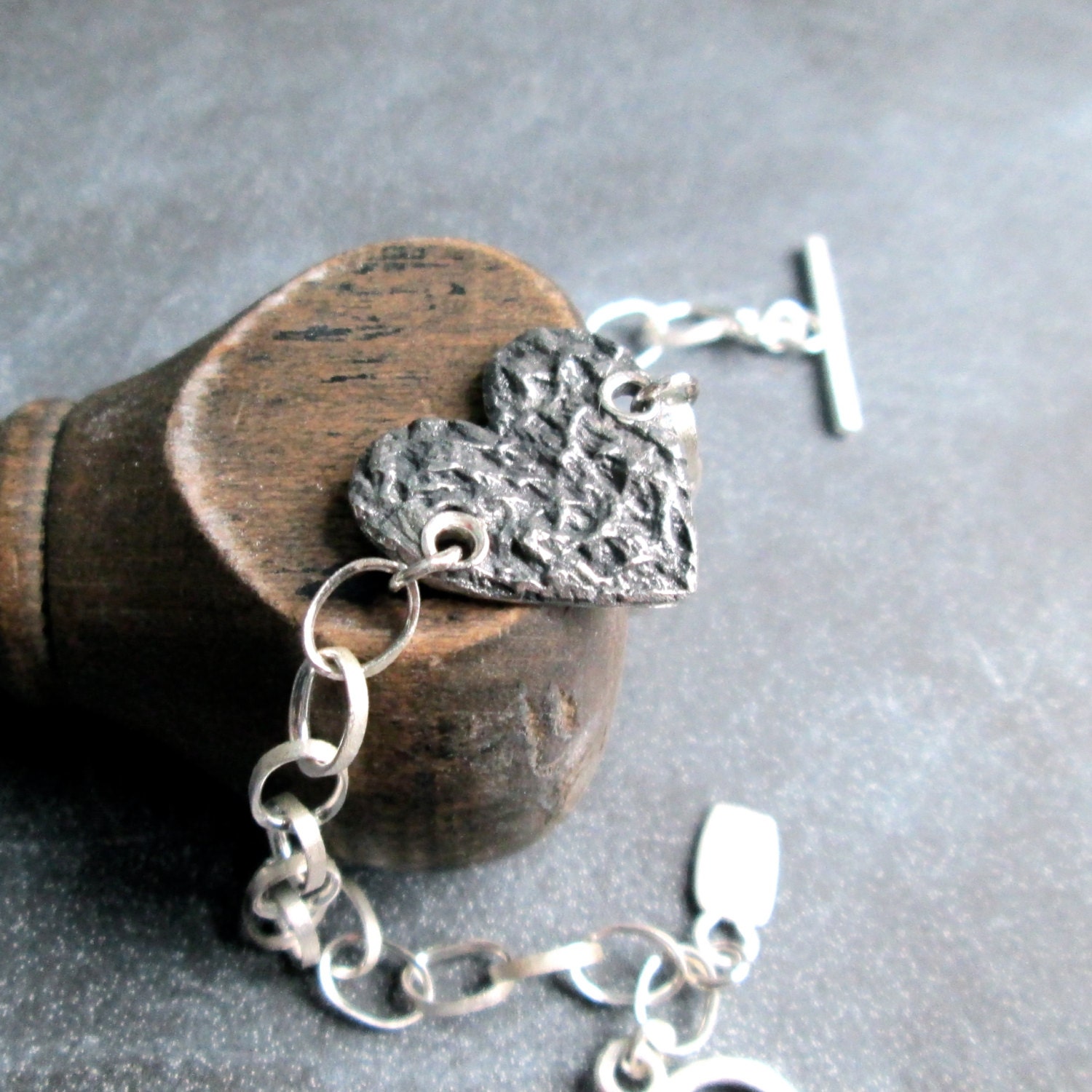 BRACELET sterling silver rustic oxidized heart oval link toggle clasp