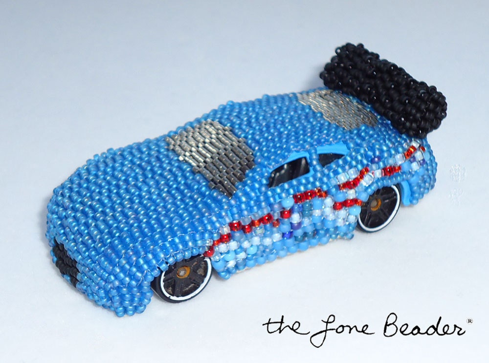 Bead Machines Blue Beaded 1:64 Nissan Race Car Art Toy (Ready to Ship)