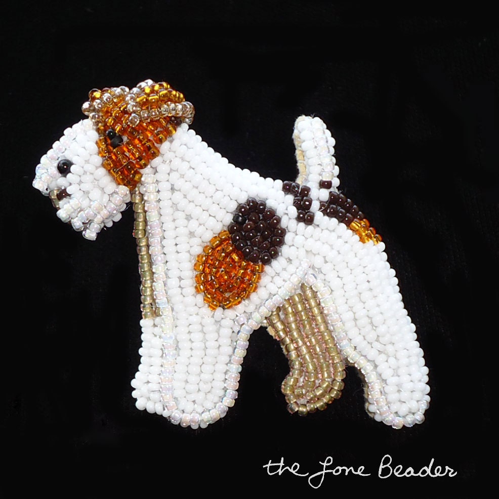 Beaded WIRE FOX TERRIER dog art pin/ pendant w/ cord (Made to Order)