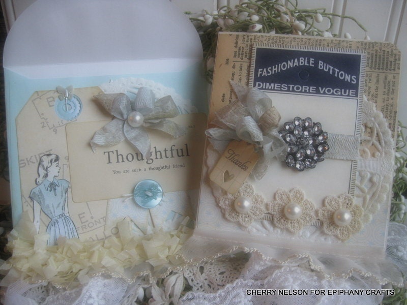 vintage style card and matching pocket- vintage  button card- You've been so THOUGHTFUL 1950s style pocket and card set decoration gift