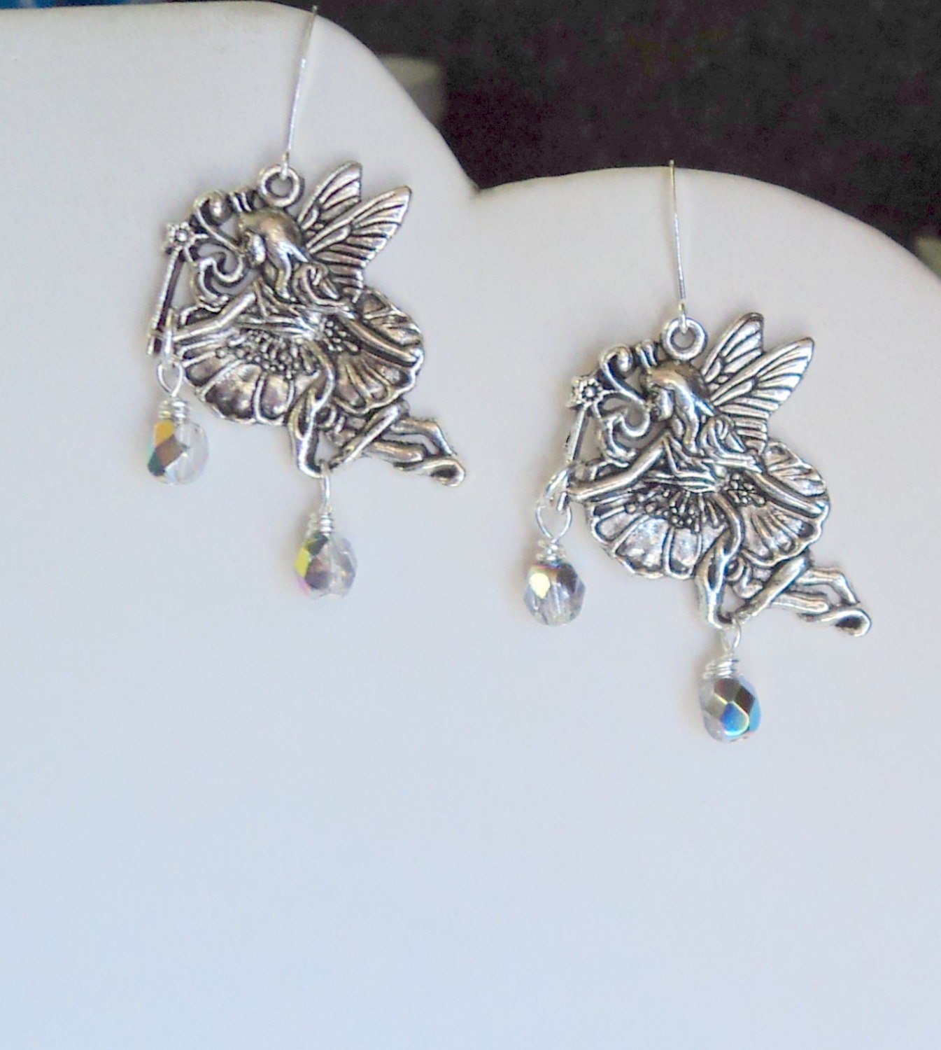 Earrings Antique Silver Fairies in Flowers Vitral Crystals