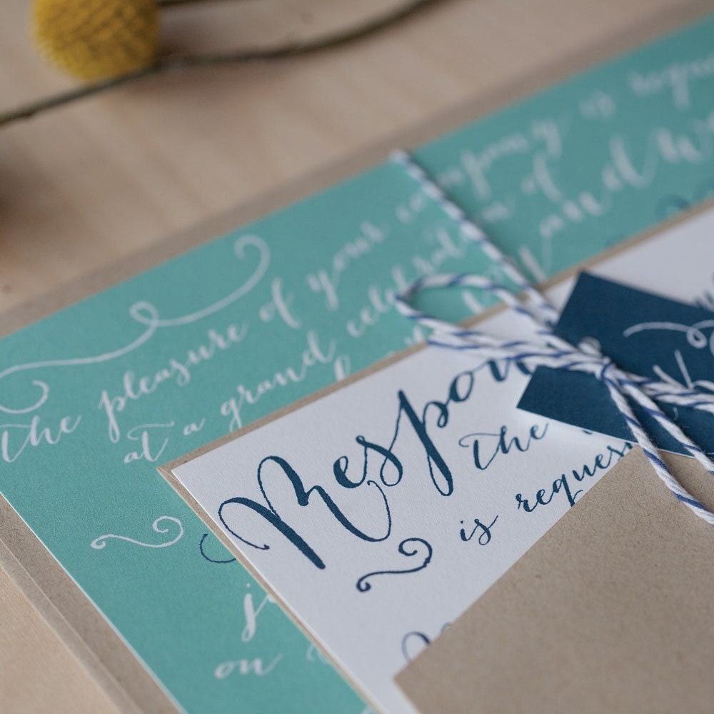 Calligraphy Wedding Invitation - casual wedding invitation, typography invitation, fun, organic invitation with bakers twine and tag