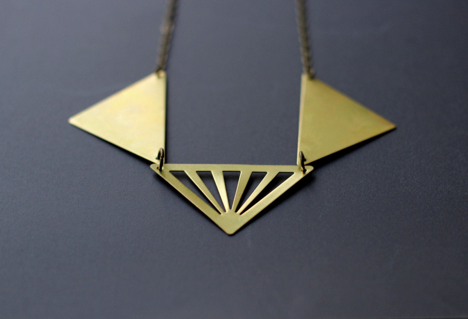 Geometric  Bib Necklace - Gold Brass Triangles - Modern, Industrial - Diamond Shapes - Gift Box