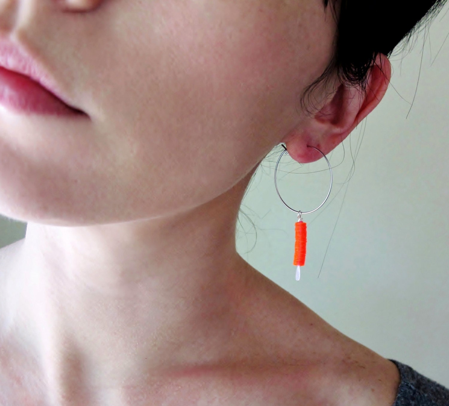 Neon Orange Earrings - Vintage Day-Glo Sequin Stacks - Hammered Silver Pin - Silver Hoops - Summer Fashion - Gift Box