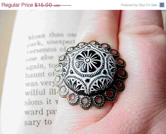 CLEARANCE 40% OFF Black Adjustable Ring - Mosaic Vintage Glass Cabochon - Antiqued Brass Filigree Setting