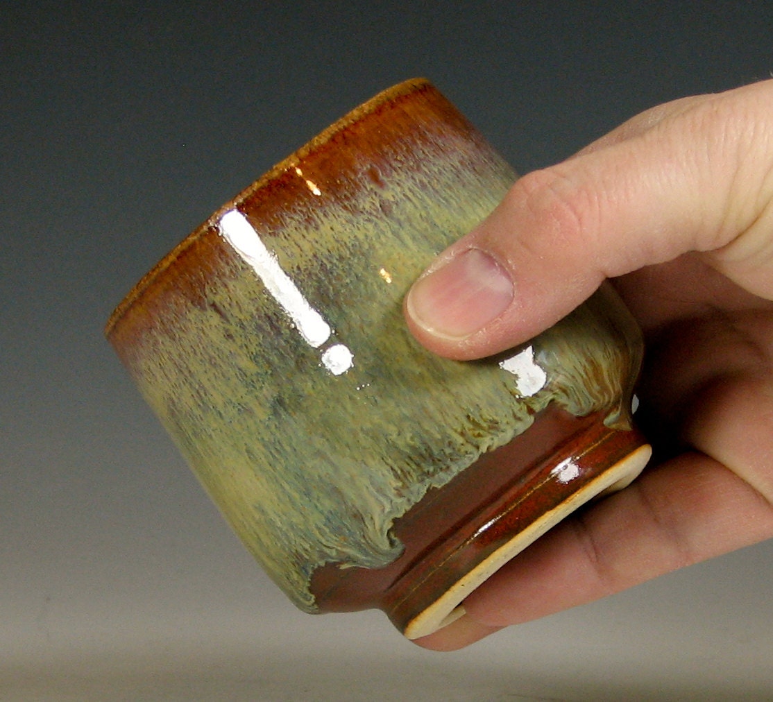 Tea cup, small tumbler ceramic, juice glass, glazed in brick red cream, handmade stoneware by hughes pottery