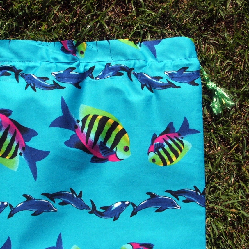 Library book bag, large cotton drawstring, blue tropical fish, for toys school storage