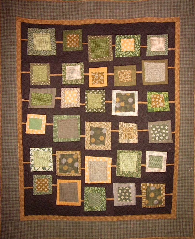 Patchwork Quilt - olive, gold and brown Japanese String of Squares wallhanging or throw