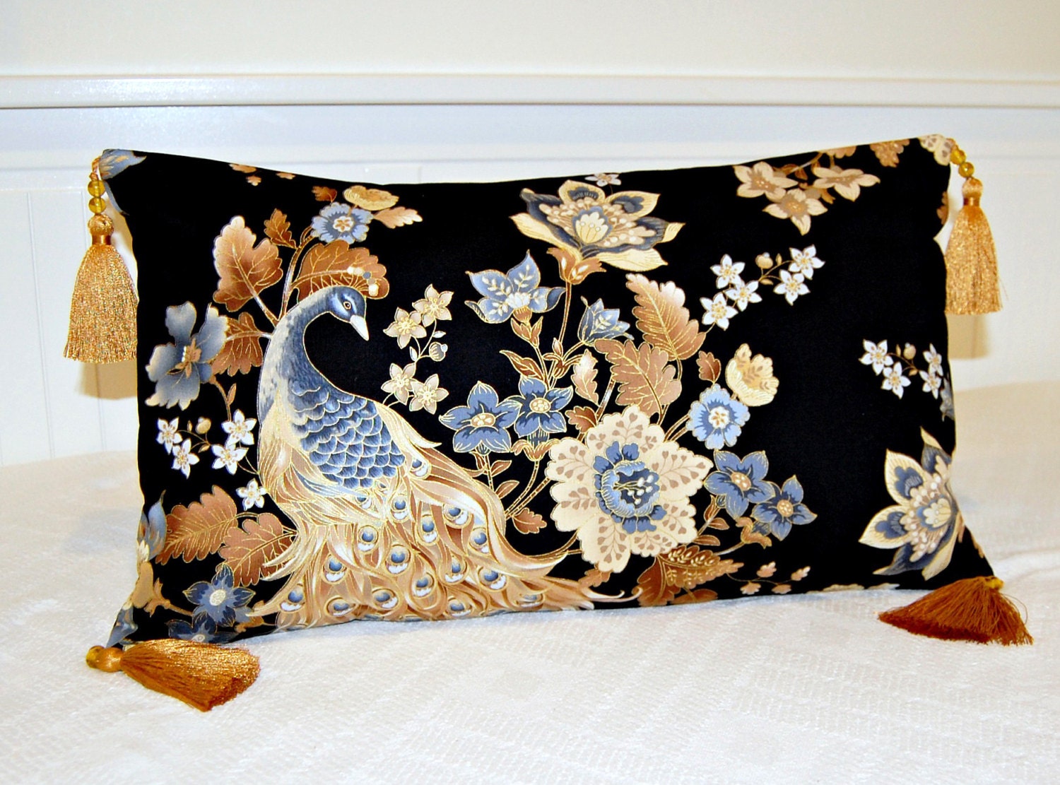 peacock decorative pillow cover, bronze gold grey flowers black lumbar cushion cover 12 x 20  inch