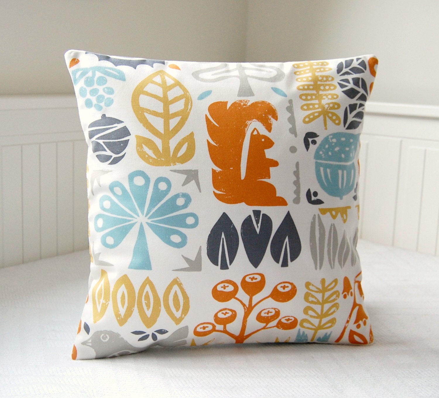 blue teal mustard yellow orange cushion cover 16 inch, bird trees leaves flowers decorative pillow cover,