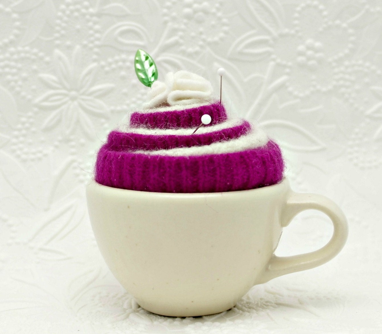 Wool Pincushion Upcycled Wool Teacup Pincushion Fushia and White