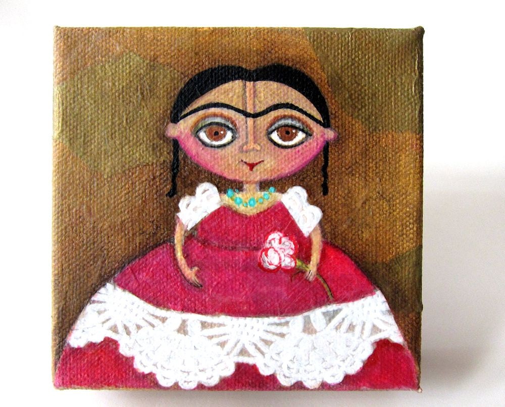 Frida in a red and white dress - an original folk art mixed media painting