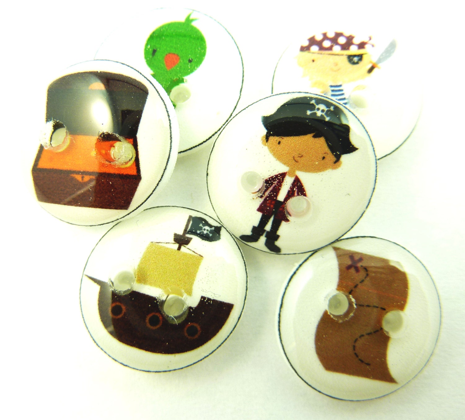 6 SMALL Pirate Buttons.  handmade Buttons.  Sewing Buttons.  Pirate themed Sewing Buttons.