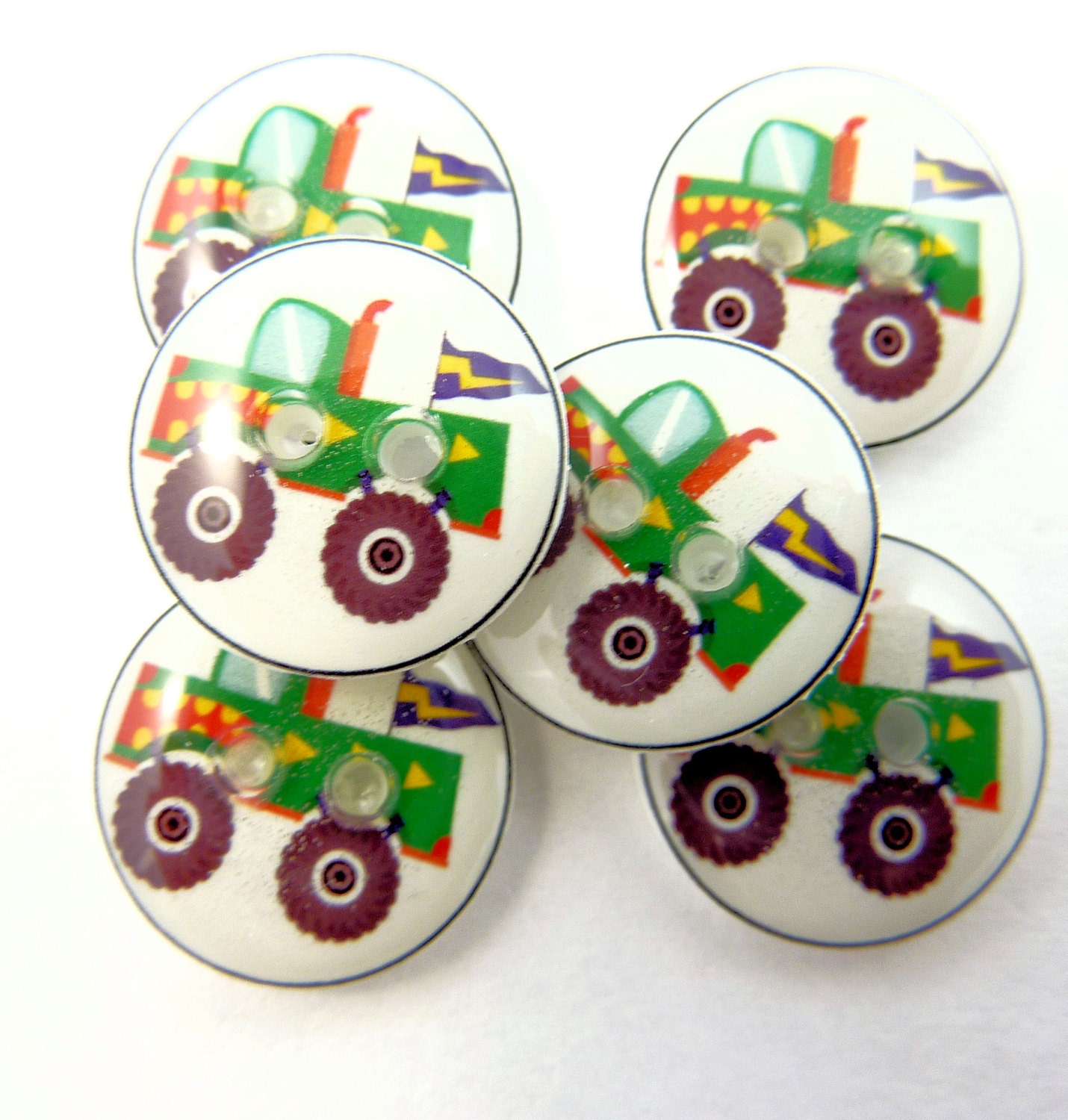 6 SMALL Green Monster Truck Buttons. Handmade Buttons.  Monster Truck Sewing Buttons.