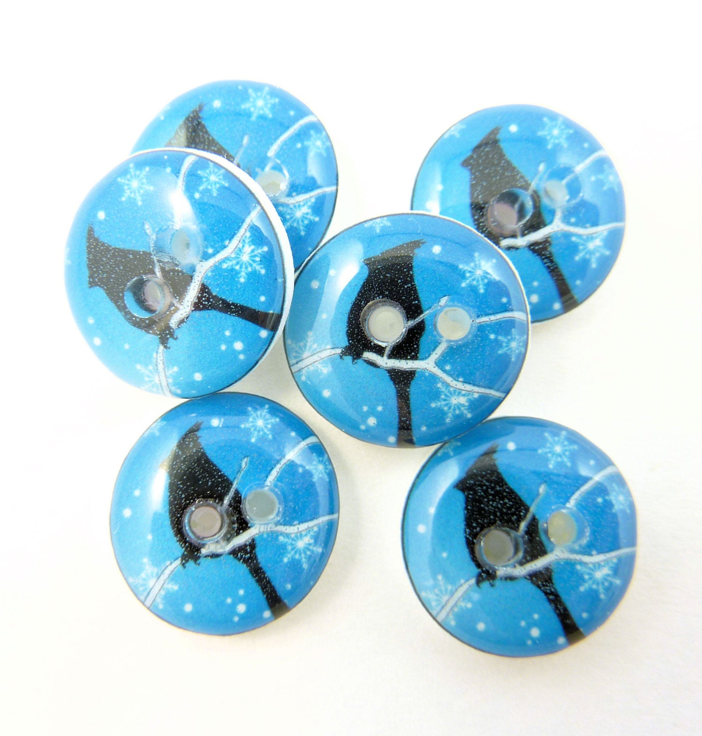 6 SMALL Bird Buttons. Handmade Buttons. Blue Cardinal Buttons For Sewing. Small size - 1/2" or 15 mm.