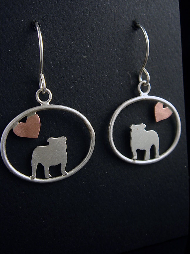 NEW - English Bulldog Sterling Dangle Earrings with Tiny Heart