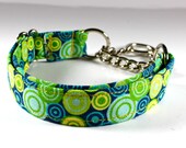 Martingale collar with chain loop in "Modern Circles" aqua blue, teal, neon green, yellow