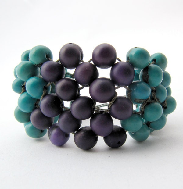 Color blocking bracelet, Bead Bracelet, ultra wide bracelet, cuff bracelet, beaded cuff, boho bracelet, Blue and purple