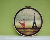 Embroidery Wall Art Hoop Paris on canvas ivory and dark tones gold