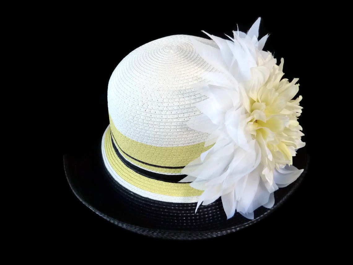 Spring Fashion Easter Hat, Summer Hat, Race Day Hat, Garden and Tea Party Hat in Navy, Yellow and White Color Block is  "CLASSIC IN STRIPES"