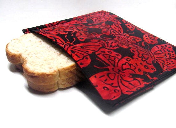 Reusable Sandwich Bag, Batik Red on Black, Butterflies, Eco friendly Lunch Kit, Sandwich Bag, Ready to Ship