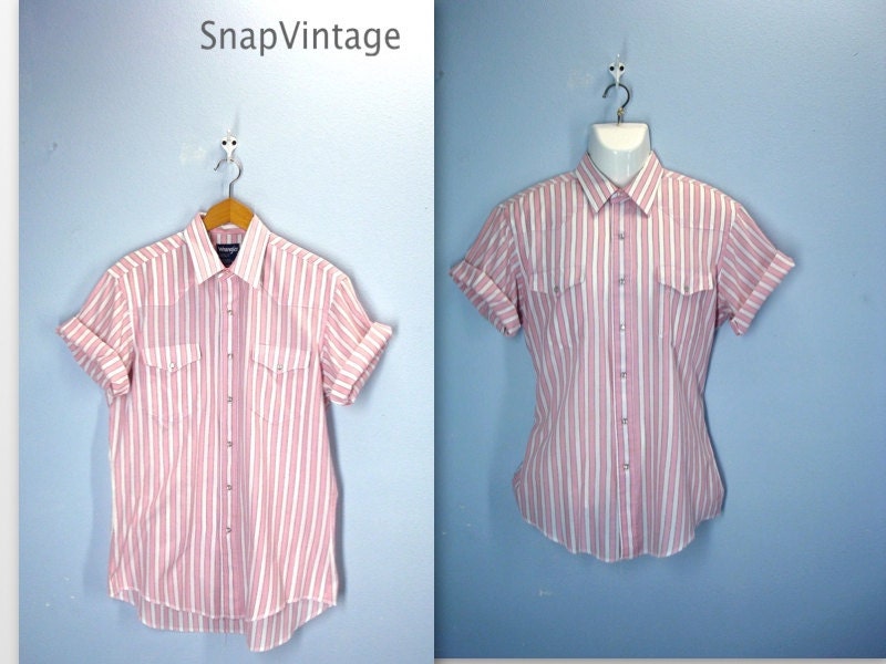 80s Vintage Mens Shirt / Pearl Snap Western Shirt / Pink Striped Shirt