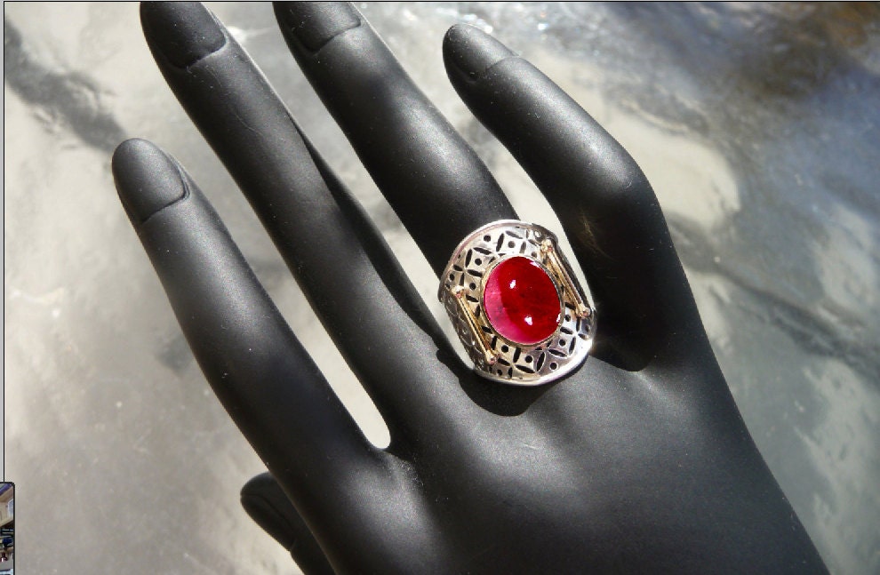 8.97 Ct Amazing Fire Top Lustrous Rare Pigeon Blood Red Ruby Cabochon .925 sterling silver 14k gold ring US Size adjustable 5 - 9 - OOAK
