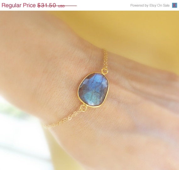 ON SALE Labradorite bracelet, bezel set gold fill labradorite, blue flash, blue fire, adjustable skinny bracelet