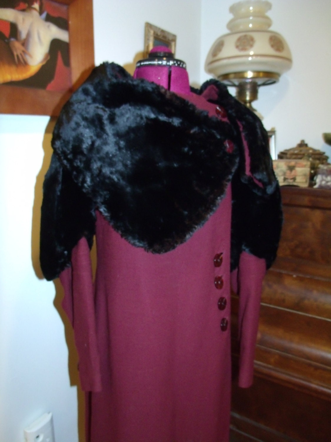 Tegier Inc. 30's Maroon Wool Coat w Sheared Black Fur