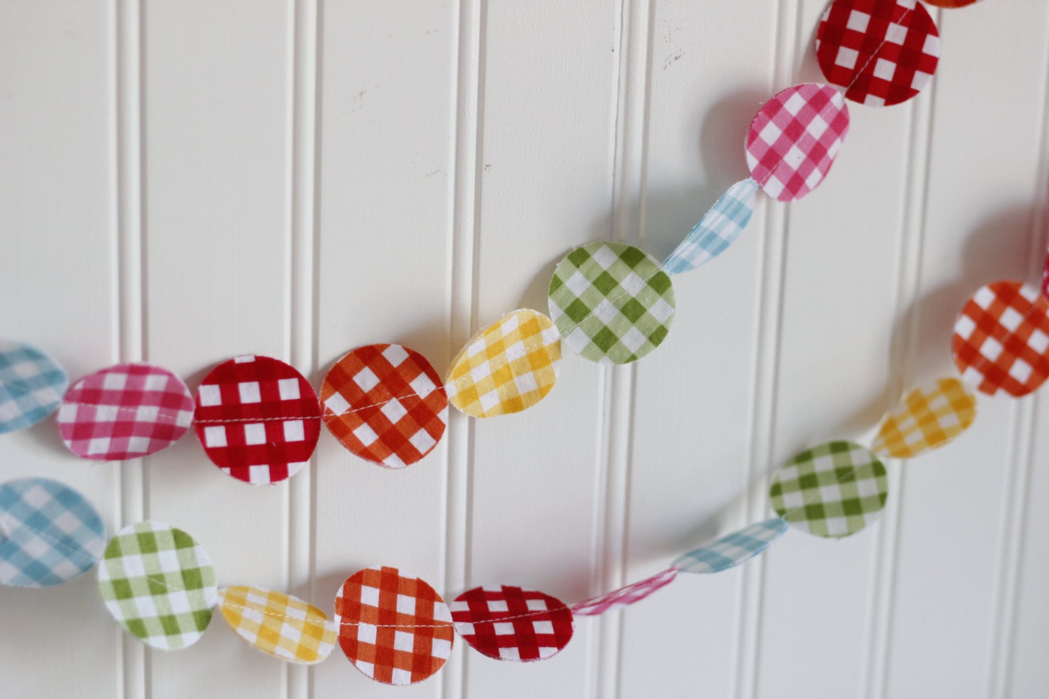 Rainbow Gingham Fabric Garland 12 feet, Red, Orange, Yellow, Green, Blue, Pink