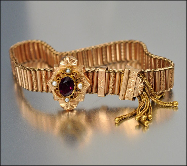 Victorian Bracelet Rose Gold Fill Slide Amethyst Pearl Tassel Antique Jewelry