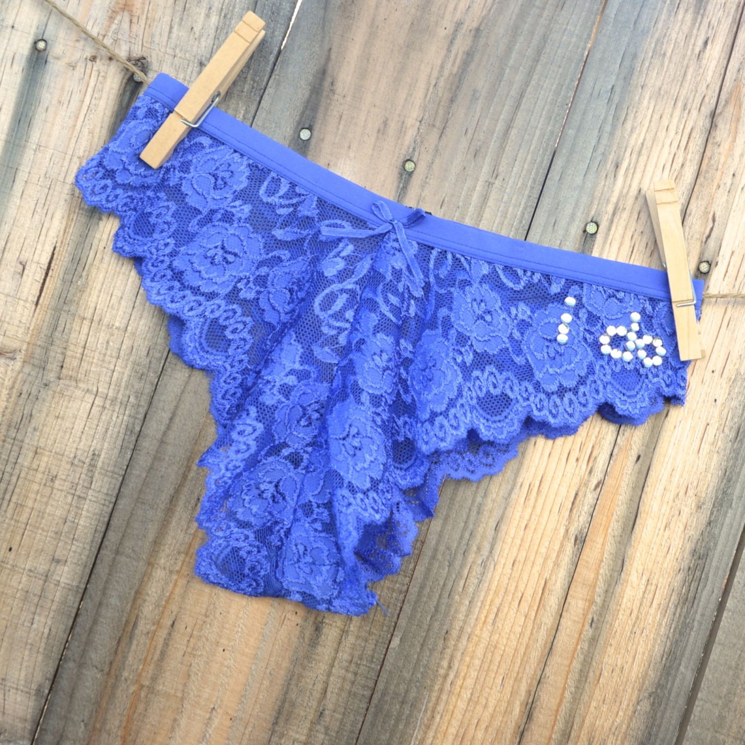 Romantic Something cobalt Blue BRIDAL lingerie that says I DO in rhinestones underwear panty undie -  size MEDIUM -Ships in 24hrs