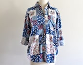 80s Bill Blass Floral Country Boho Festival Collar Patchwork Indie Punk Grunge Blouse Shirt Top . ML . D015 . No.318.5.23.13