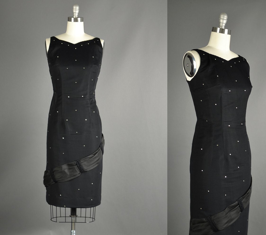 1950s Dress - 50s Dress - 1950s  rhinestone black party wiggle dress