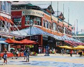 ON SALE NOW Original Art Original Cityscape Oil Painting. Fulton Market in Spring New York City red brown blue Nyc Urban Fine Art, Gwen Mey