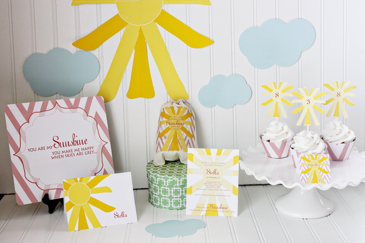You Are My Sunshine Party  Pack with invitations, toppers, tags for girl