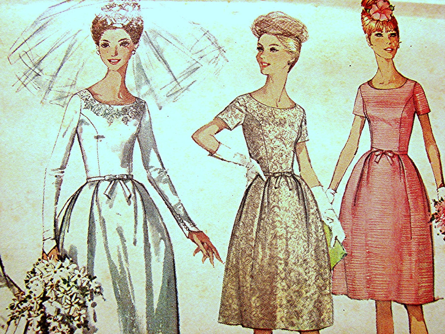 1960s Vintage Wedding Dress Pattern Misses size 14 UNCUT Bridal Gown with Detachable Train and Bridesmaid Dress