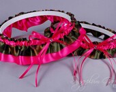 Wedding Garter Set in Hot Pink and Camo Print Satin with Swarovski Crystals