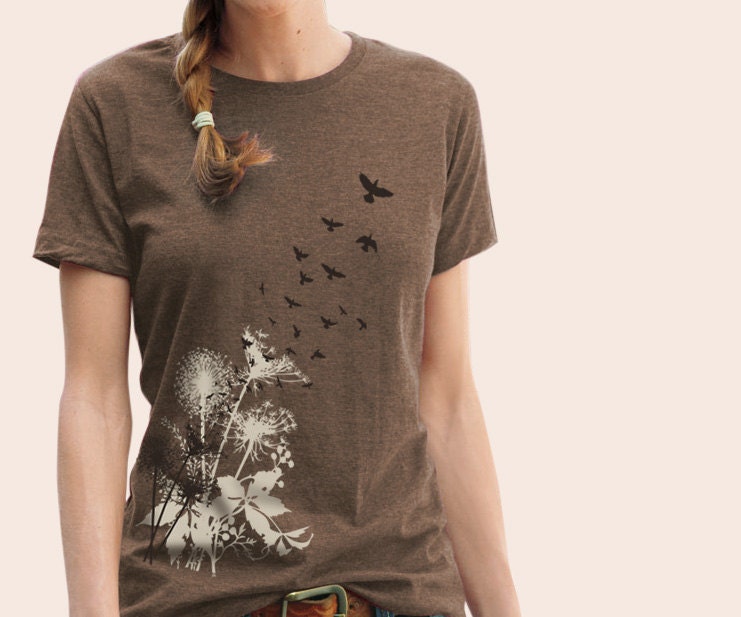 Women's Plus Size T-Shirt, Dandelion Print, Vintage Dandelions Birds T-shirt