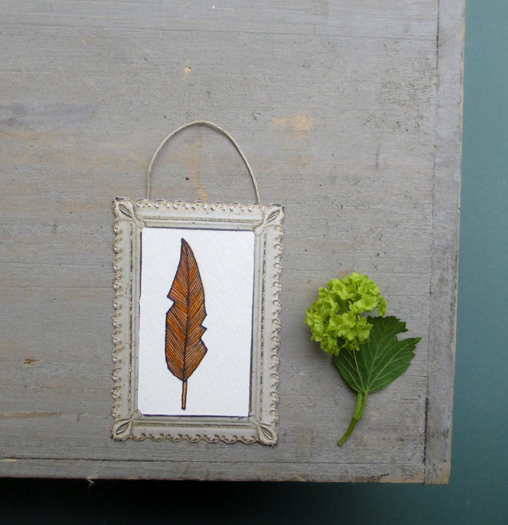 Nature watercolor painting, fall wall decor, mini orange bird feather illustration,  woodland home decor
