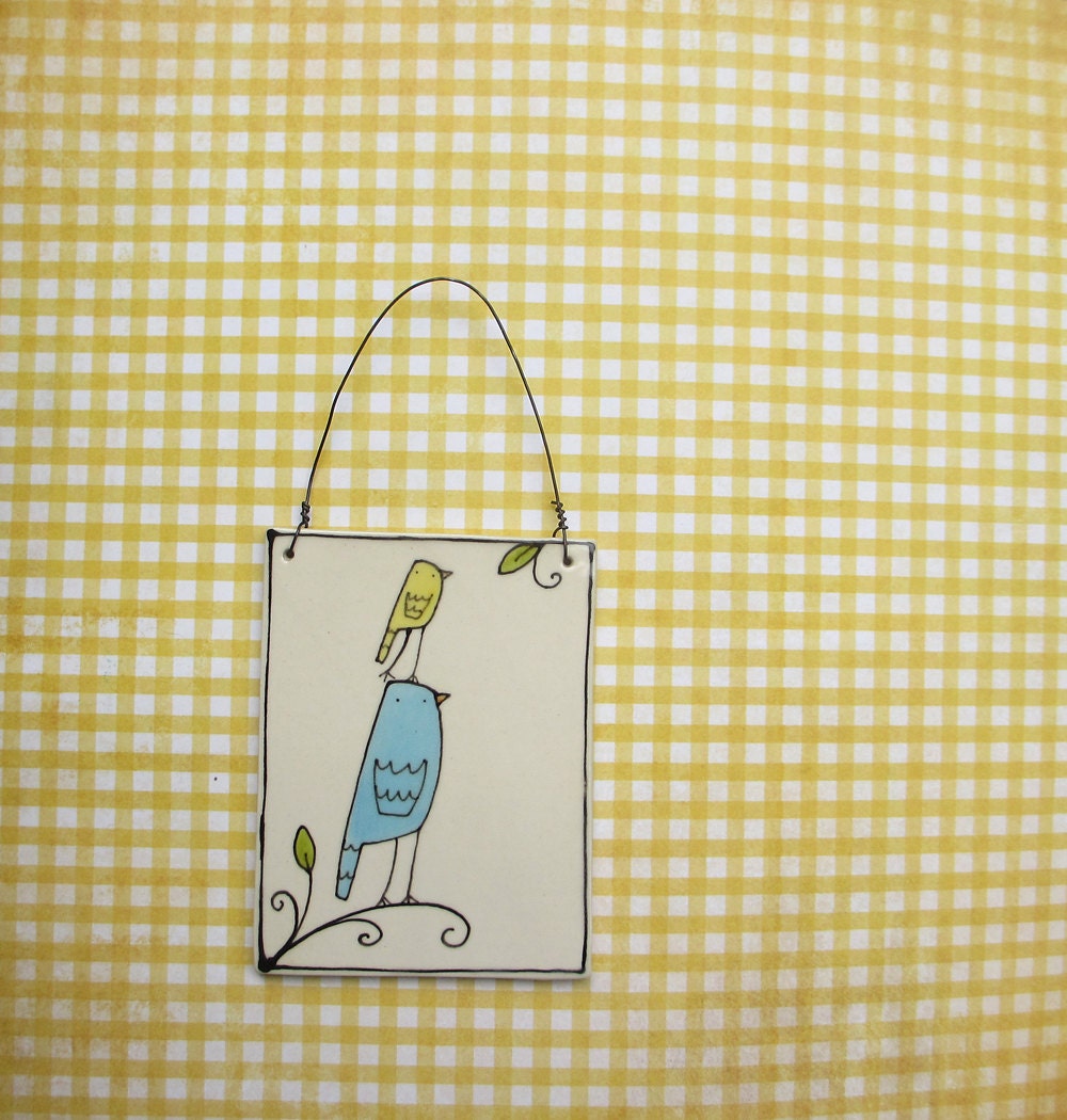 Bird tile, wall art, summer yellow and blue bird hanging tile, garden art, nursery decor,