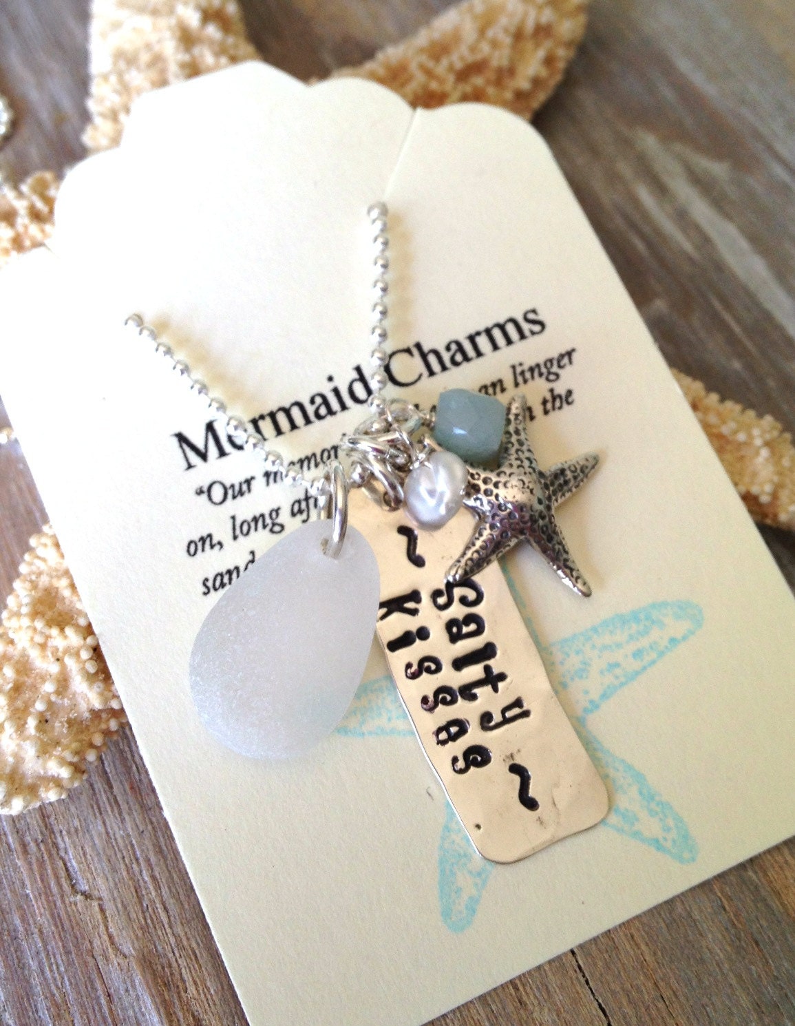 Sea Glass Necklace with Starfish Charm and Hand Stamped Silver Tag
