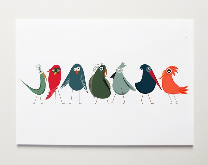 Wall Art, Nursery Wall Art, Bird Print, Funny Bird Art, Nursery Print, Modernpop, Early Birds  - 19"x13"