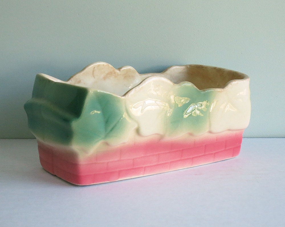 Charming 1950s Pottery Planter with Embossed Ivy Leaves and Bricks