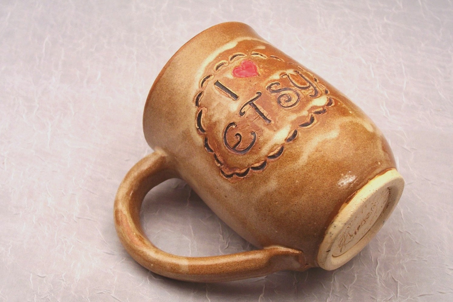 Tan Ceramic Mug  I Love ETSY Coffee Mug  Handmade Wheel Thrown  ready to ship